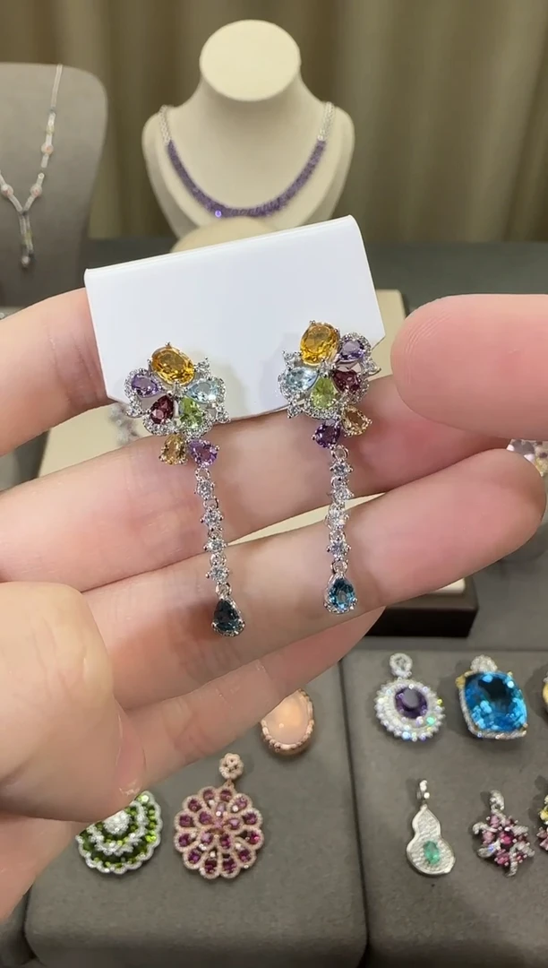 银S925镶嵌耳饰水晶多彩宝耳坠流苏设计款