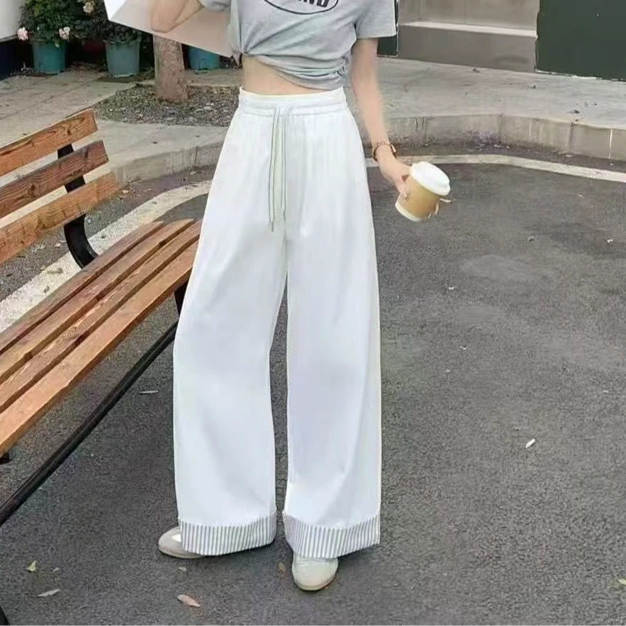 K945白拼条纹假日清新休闲卷边裤