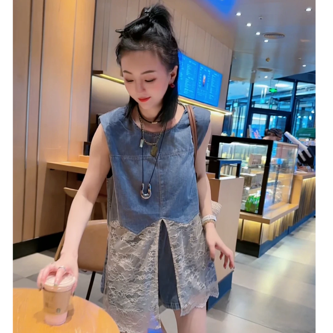欧货时尚套装女洋气显瘦蕾丝拼接牛仔上衣短裤休闲两件套56188