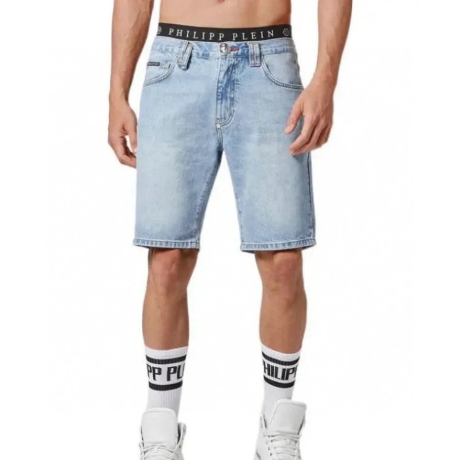 未使用 Philipp Plein 纯色纽扣直筒牛仔短裤 MSH10023