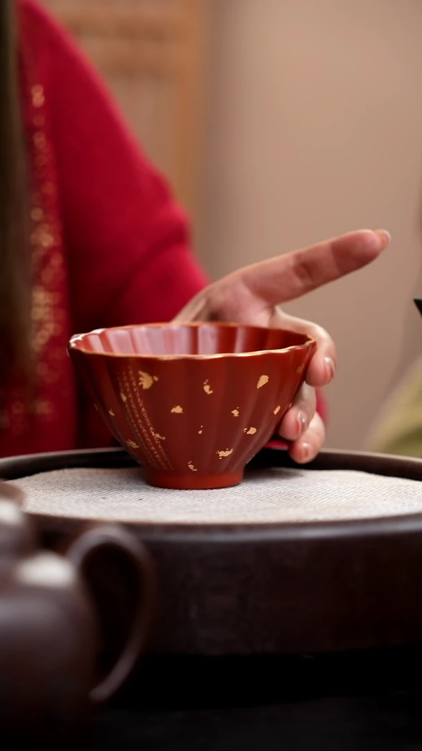 【闪购商品】紫砂茶壶大红袍筋囊斗笠杯描金