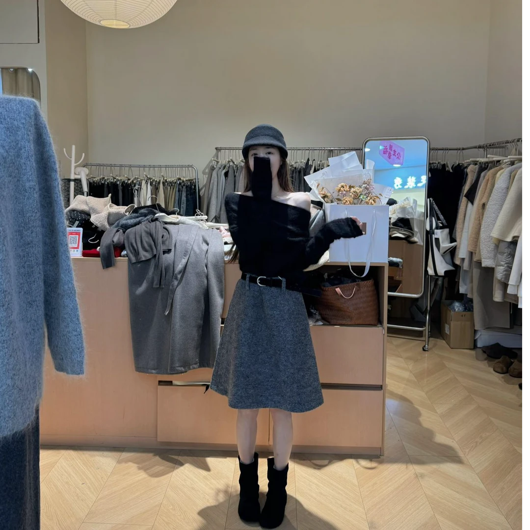 韩系肩长袖T恤女辣妹风性感露肩修身显瘦打底气质上衣A字半身裙子