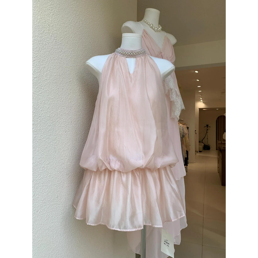 2025夏季新款时尚气质日系古早千金风挂脖蕾丝甜美蝴蝶结连衣裙女