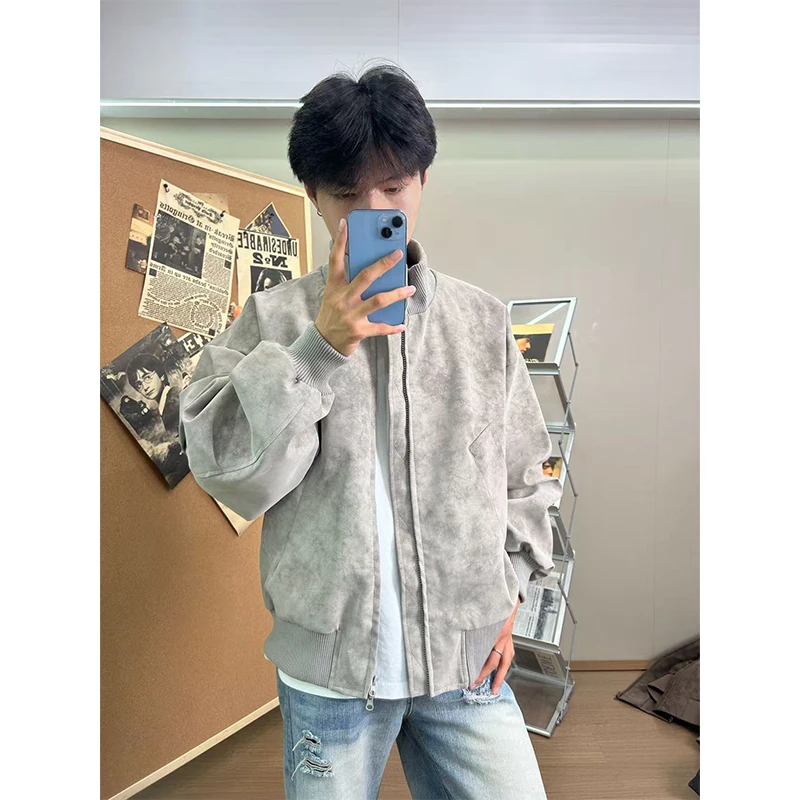 cleanfit美式立领扎染PU皮衣外套男春秋冬季短款飞行员夹克棒球服