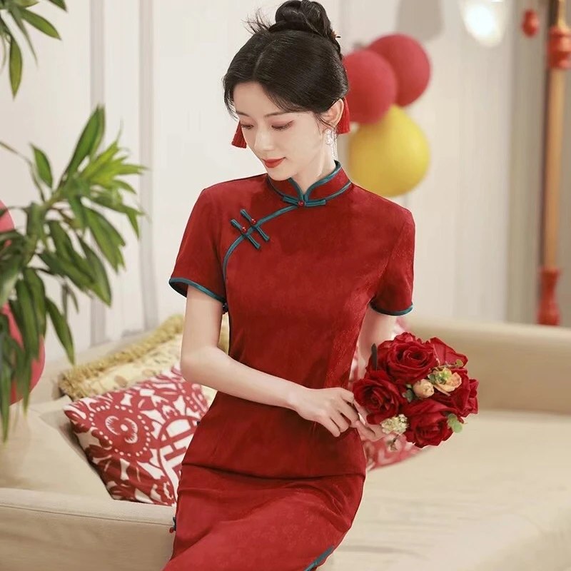 【风清余】2025春款新出炉宫墙红铜氨丝提花新中式改良版国风旗袍
