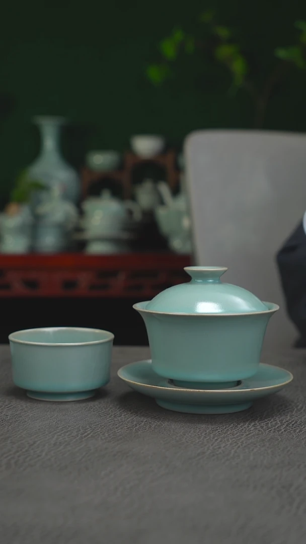 天蓝釉  盖碗组合  孤品有瑕简包-二
