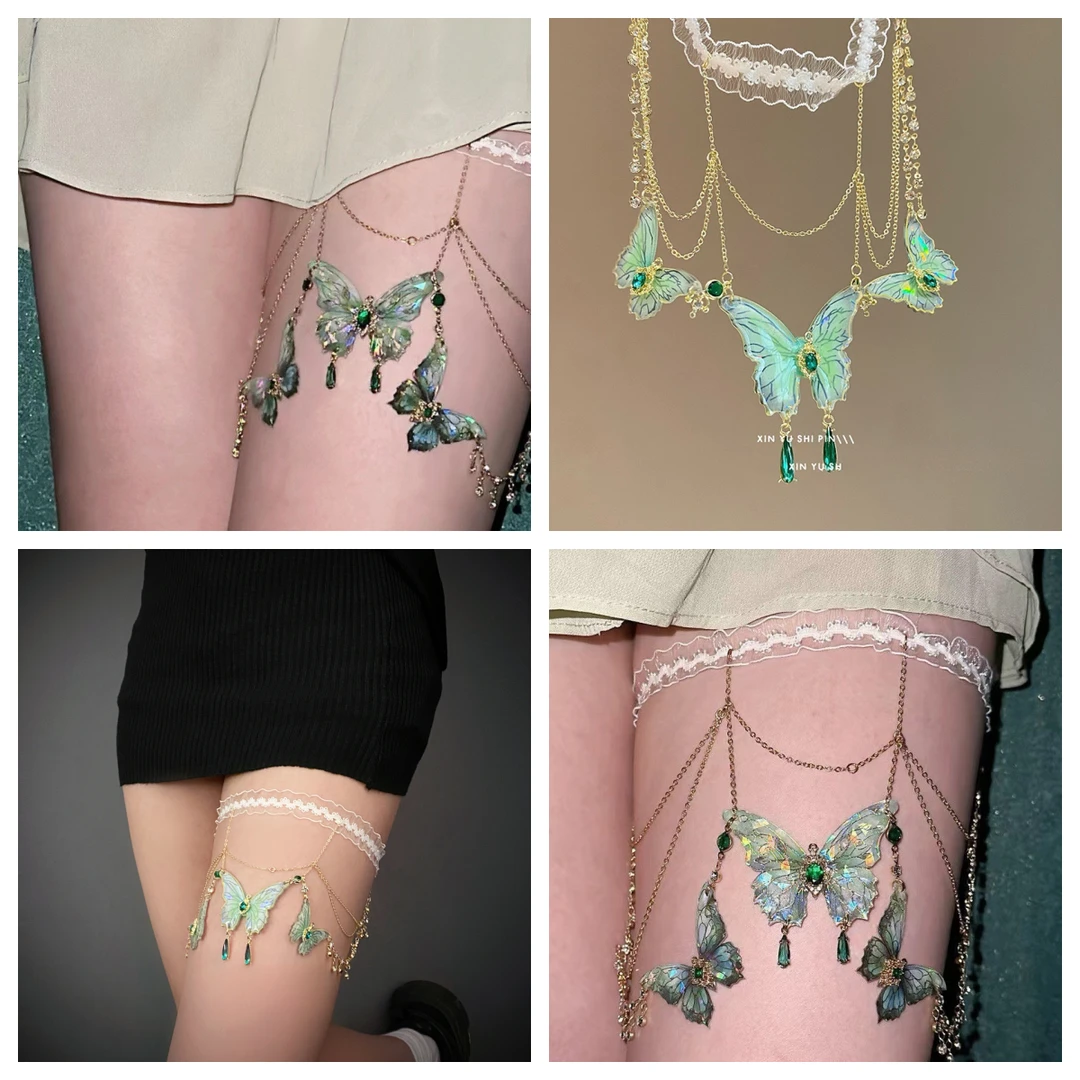 合金仿水晶脚链 纯欲超仙渐变彩蝴蝶腿链蕾丝花边流苏氛围感腿饰