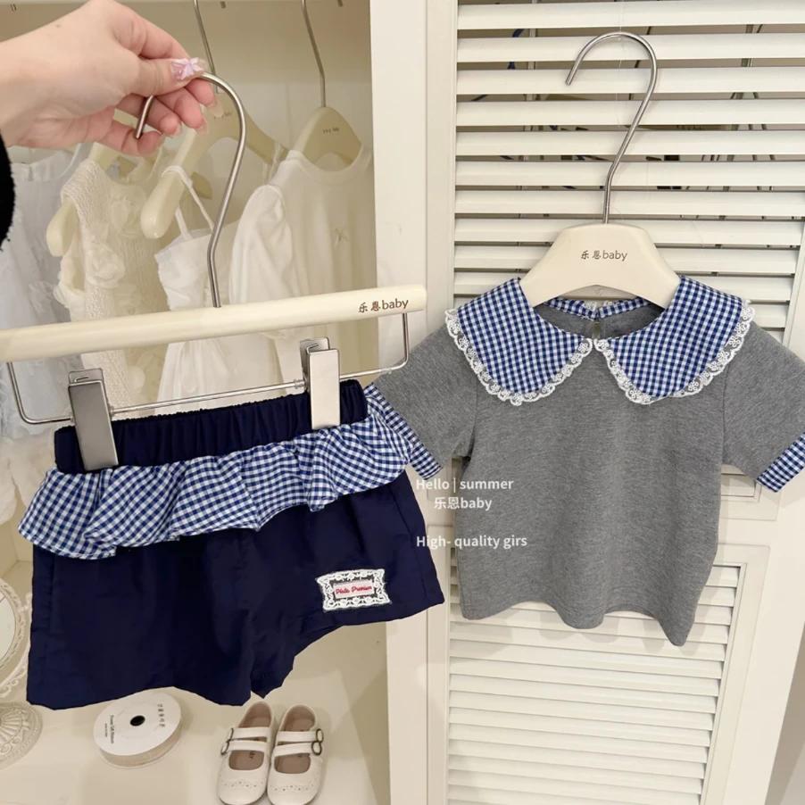 【现货】女童夏季新款短袖套装洋气花边翻领T恤休闲短裤两件套