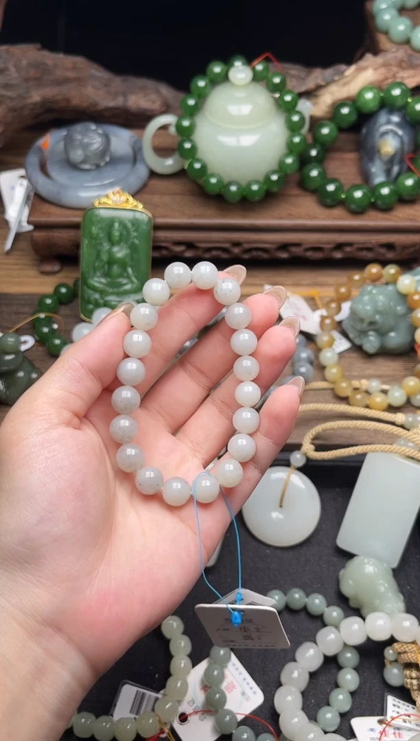 未镶嵌手串和田玉卡10且末青花 圆珠9007128