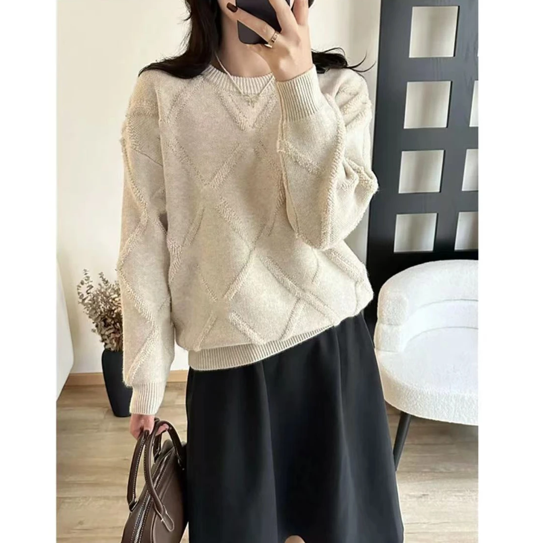 026新款圆领流苏菱格毛巾刺绣宽松针织毛衣