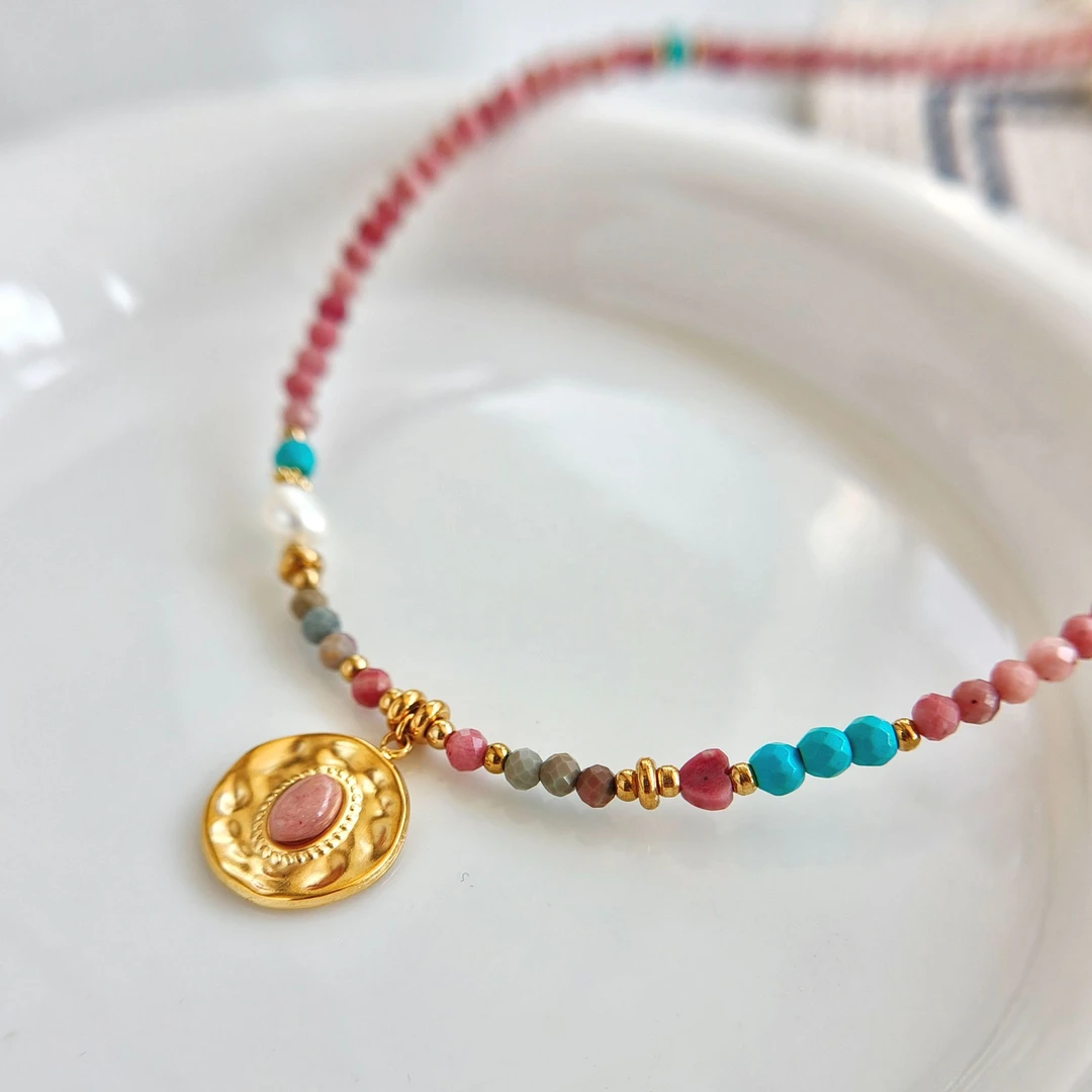 天然淡水珍珠彩色手工链异域风【粉色鎏金】时尚时尚百搭单圈民族风