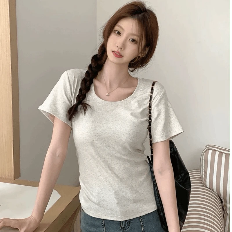 正肩t恤女重磅短袖2025低领修身u领打底衫棉质大领口夏季灰色上衣