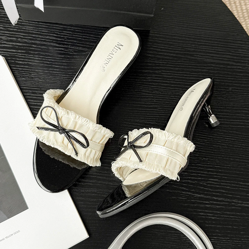 牛皮版~小香风流苏高跟凉拖鞋女外穿夏季新款中古一字拖鞋细跟凉