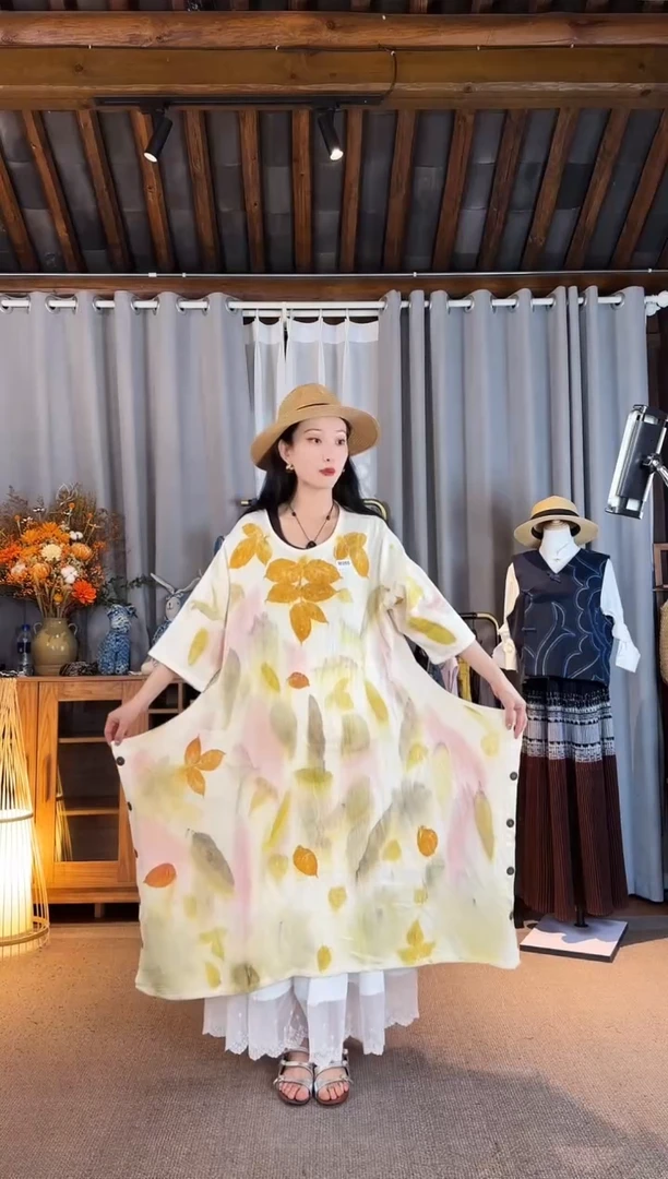 设计师款黄色拓印叶子长袖连衣裙