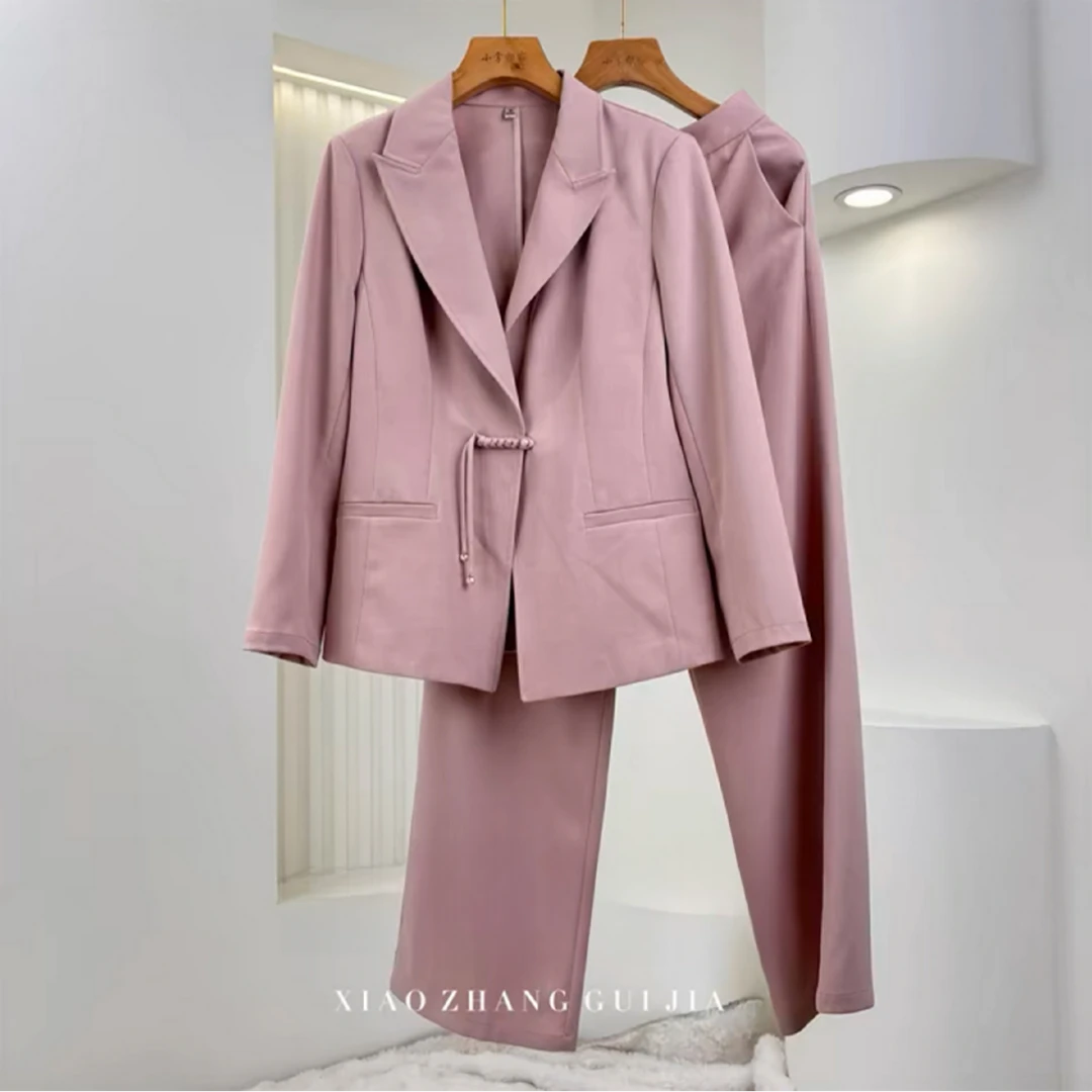 T2090  春季新款中式盘扣时尚直筒长袖西装两件套