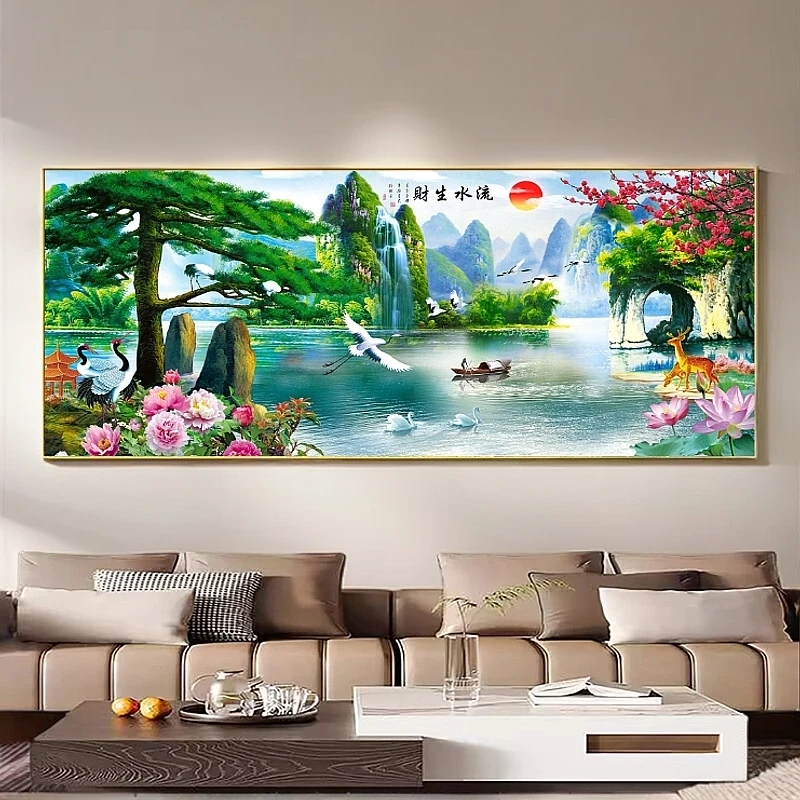 迎客松自粘装饰画客厅沙发背景墙中式壁画山水挂画