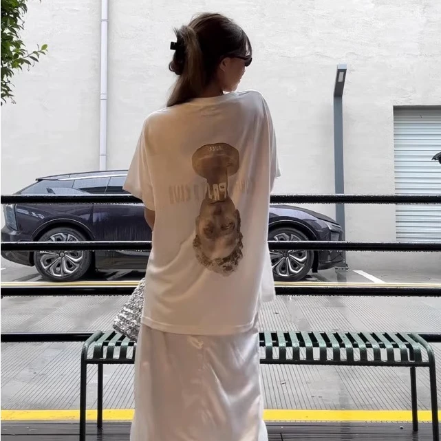 美式复古印花短袖夏季网红白色T恤宽松显瘦慵懒风ins休闲上衣女