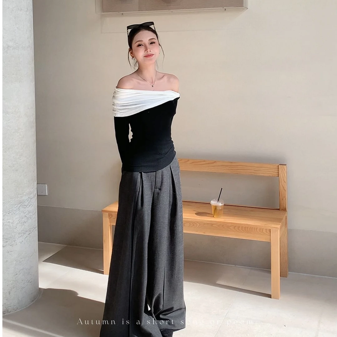 性感辣妹一字肩修身长袖上衣气质显瘦宽松阔腿长裤时尚洋气两件套