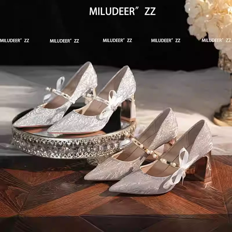 不累脚粗跟高跟鞋主婚纱婚鞋女秀禾法式细闪闪水晶伴娘新娘鞋两穿
