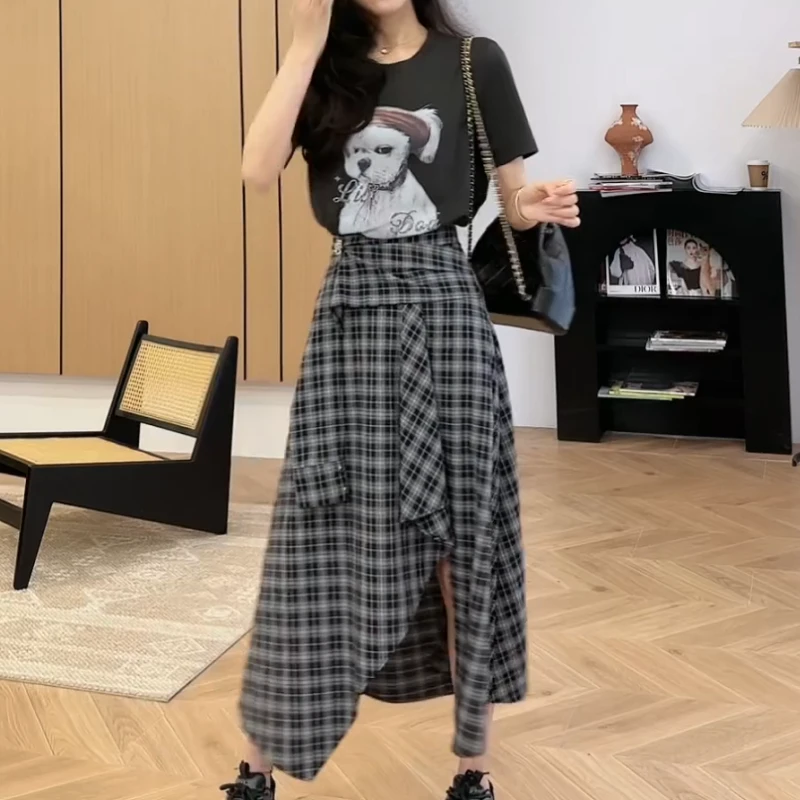 【撒野套装】2025美式新款高街短袖T+不规则格子半裙套装LK2503630