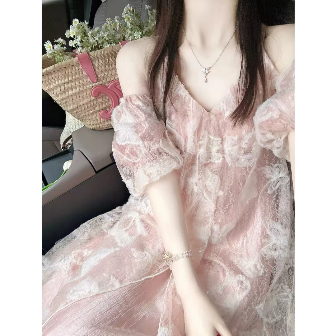 蝴蝶印花吊带连衣裙女夏2025粉色露肩宽松显瘦小个子超仙气质长裙