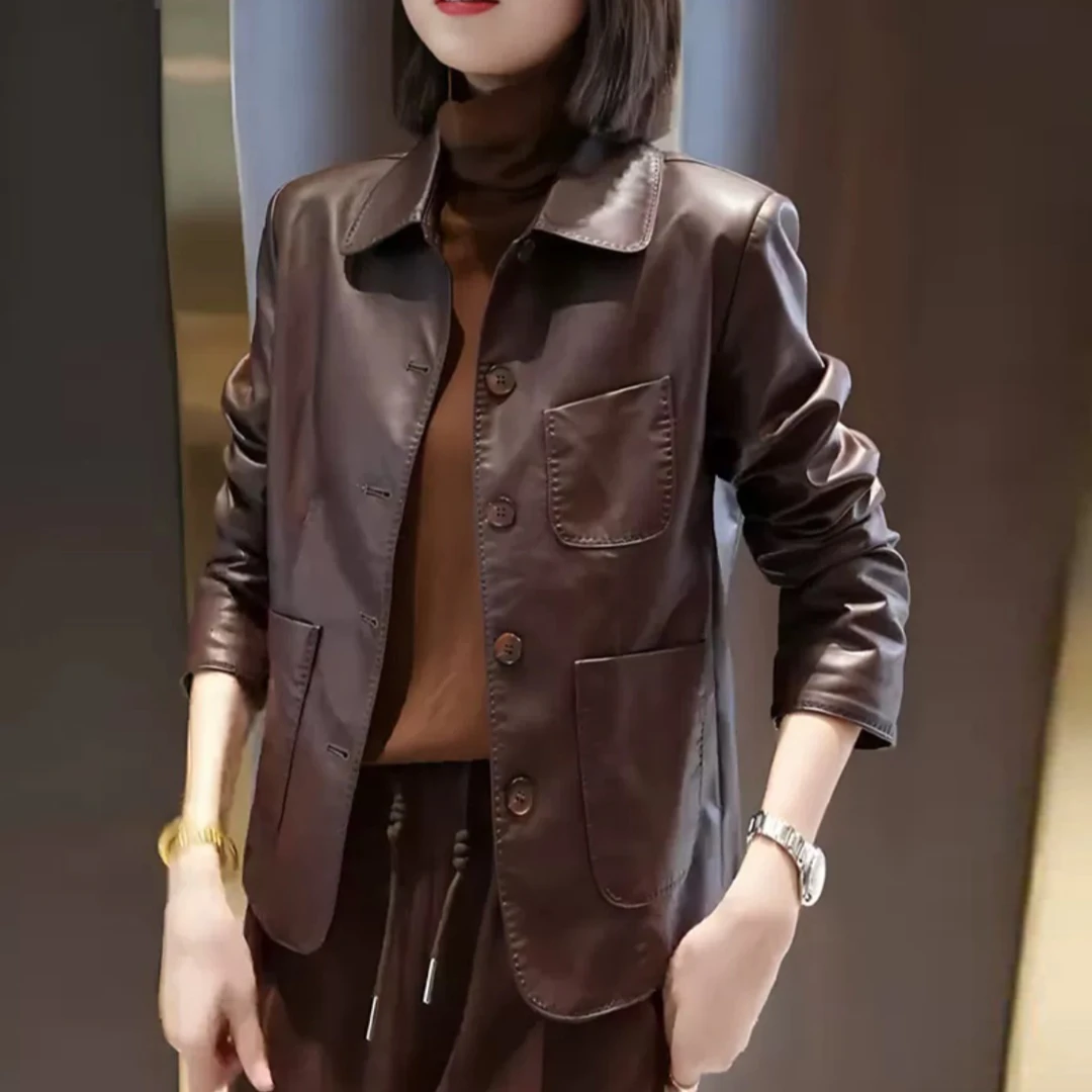 【单里衬】海宁正品2025春季新款时尚休闲百搭翻领气质皮衣外套女J9
