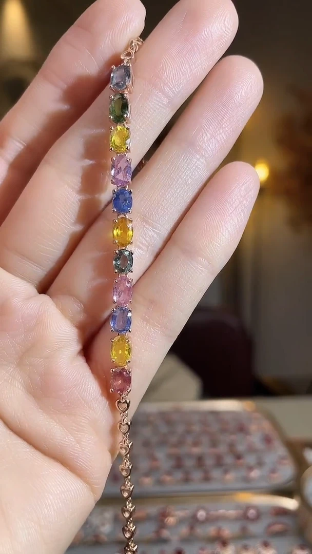 手链彩色蓝宝石银S925镶嵌手链