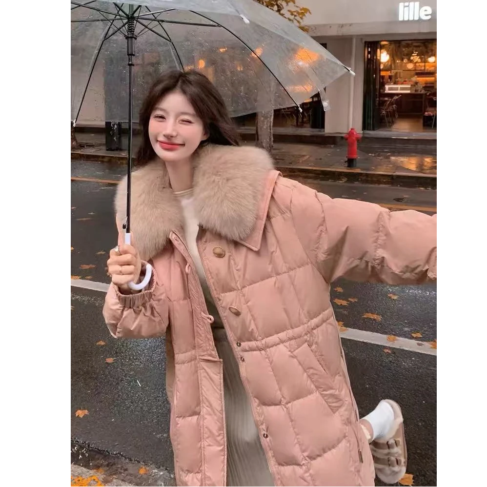 【清货】白鸭绒羽绒服内收腰毛领长款