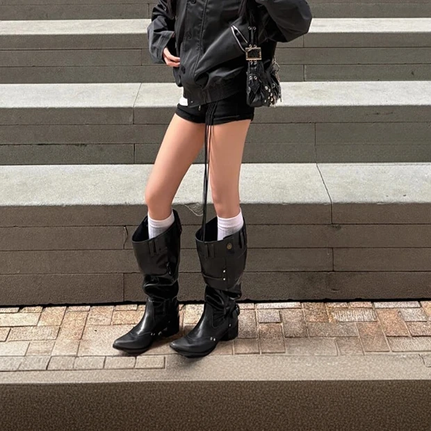 胖mm大码女靴2025早秋新款大筒围粗跟长筒堆堆靴高筒西部骑士靴女