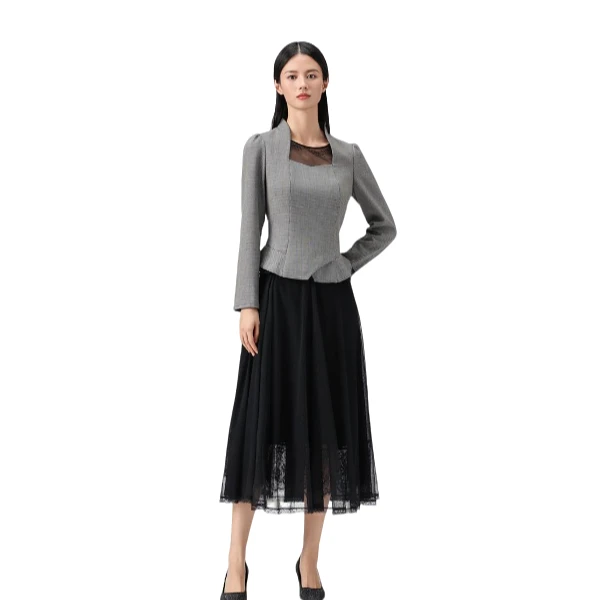 SUSSI/古色商场同款黑色下摆拼接花边A摆裙