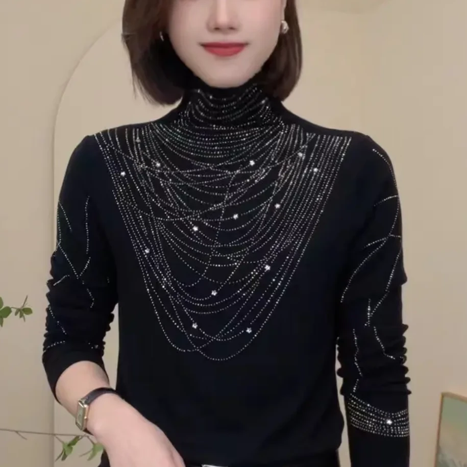 秋冬新款气质休闲高档打底长袖t恤女半高领烫钻洋气减龄女士上衣