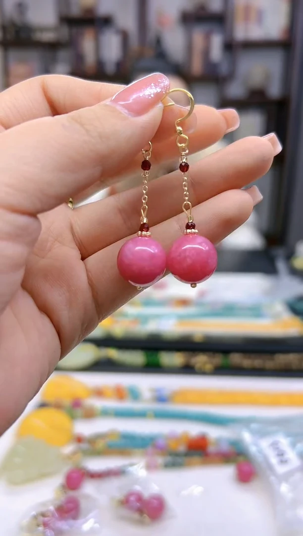 【闪购商品】菱锰矿（红纹石）耳坠14K金镶嵌E613