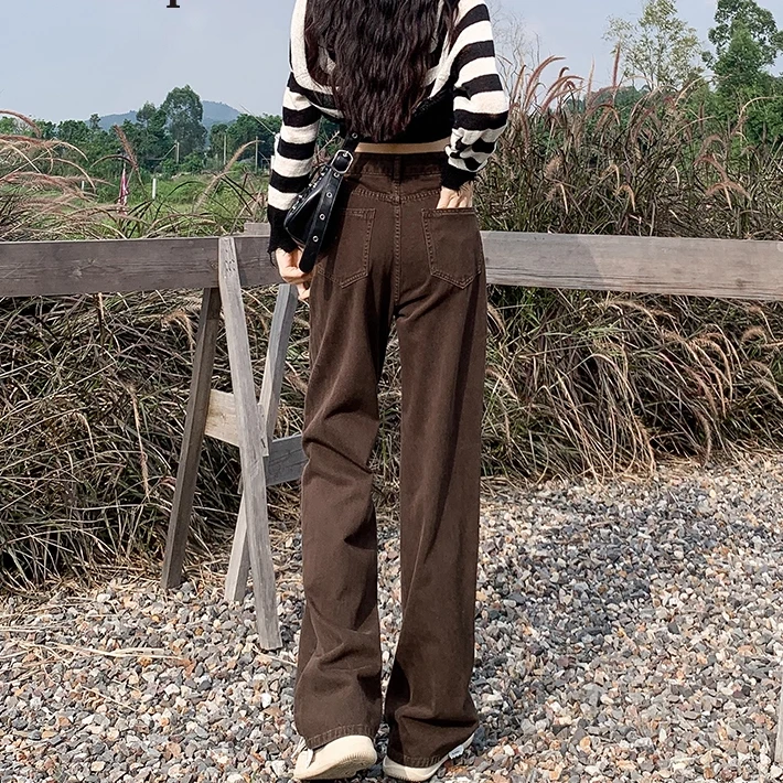 拉夏贝尔高腰窄版直筒牛仔裤女春秋新款宽松阔腿显瘦梨形身材裤子