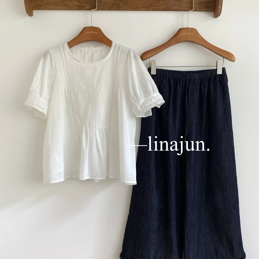 5.17《桑叶》夏季新款韩系刺绣蕾丝圆领短袖衬衫深蓝色花边阔腿裤