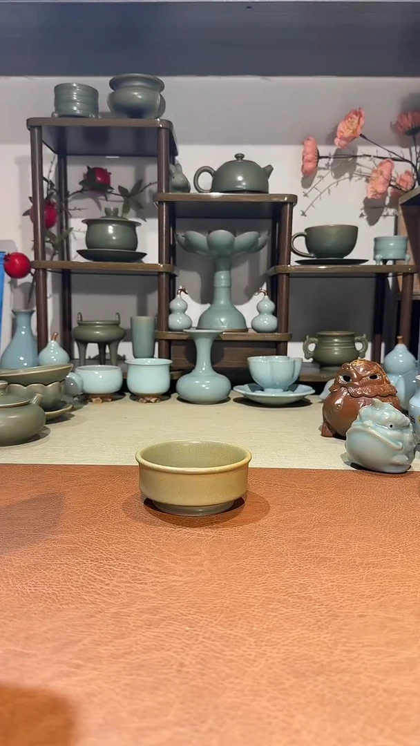 杯子瓷纯柴烧 卷足直口杯 主人杯品茗杯酒杯 青绿釉落日黄拼色