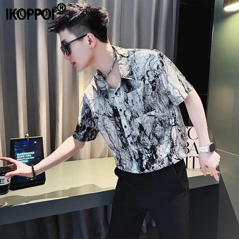 高端男士短袖衬衫夏季潮牌痞帅冰丝扎染衬衣2025新款休闲半袖上衣