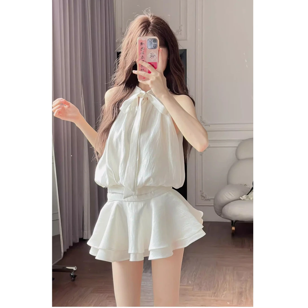 2025夏新款气质穿搭系带蝴蝶结短裙女韩系甜美收腰连衣裙两件套装