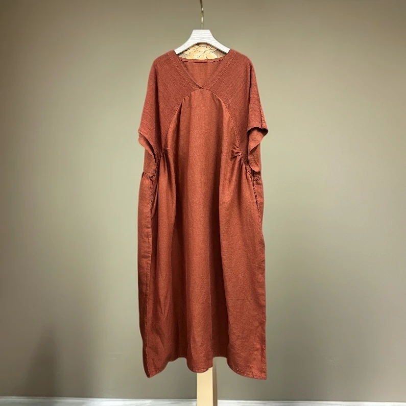 汉麻炒色设计师款 纯色V领常规夏季宽松腰连衣裙袍复古百搭