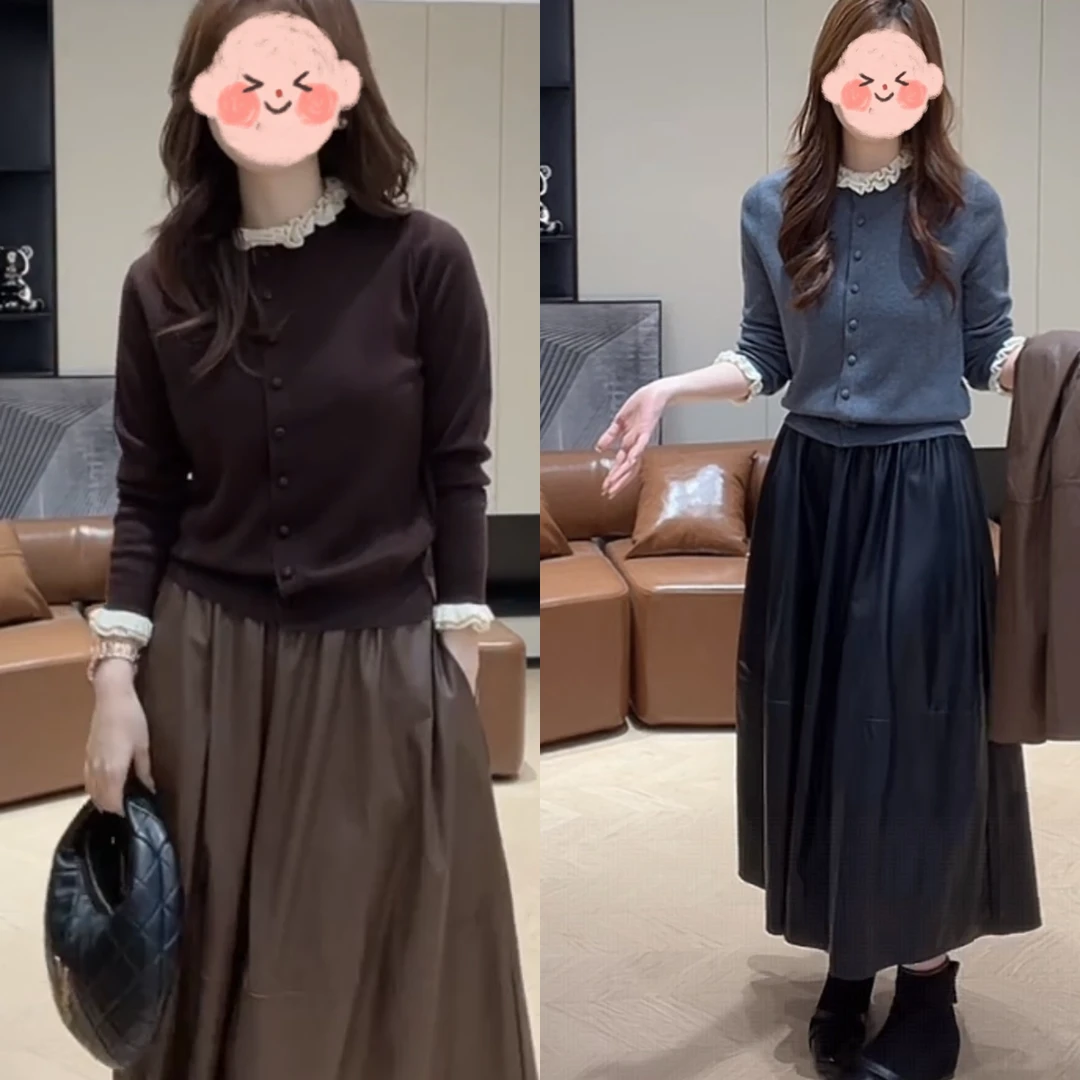 今年流行爆款女套装2025早秋新款木耳花边针织开衫半裙皮裙两件套
