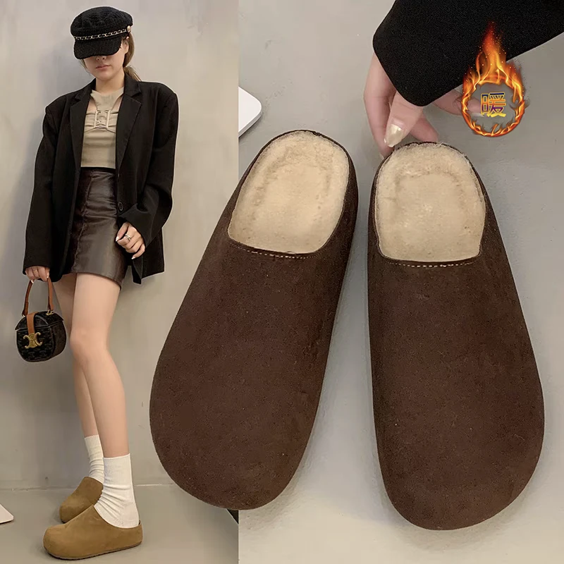 包头勃肯半拖鞋女2025冬季新款复古百搭一脚蹬懒人平底加绒棉拖鞋