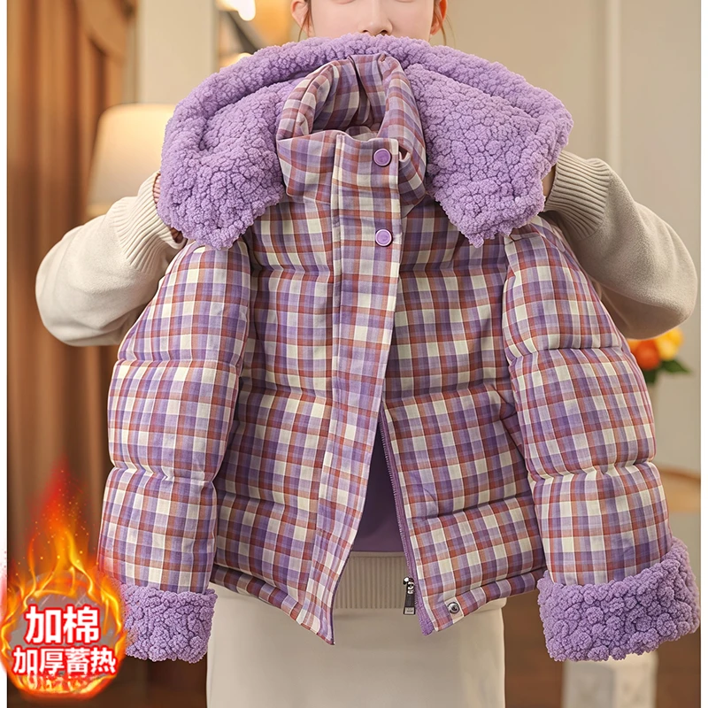 女童格子加厚棉服2025新款冬装棉衣外套连帽毛毛衣冬款棉袄潮