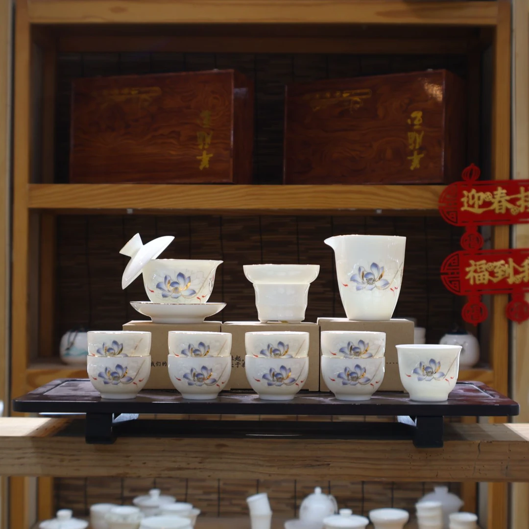 麦城羊脂玉瓷水荷塘月色茶具套装