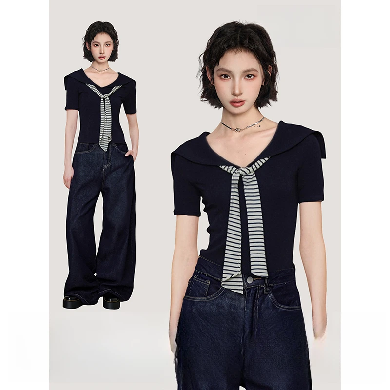 春夏黑色海军领假两件正肩短袖t恤女v领修身短款紧身披肩半袖上衣