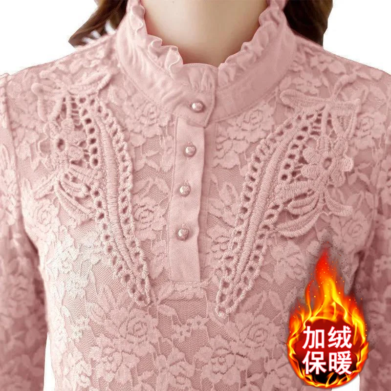 加厚蕾丝衫女冬季新款洋气保暖大码女装加绒打底衫上衣女