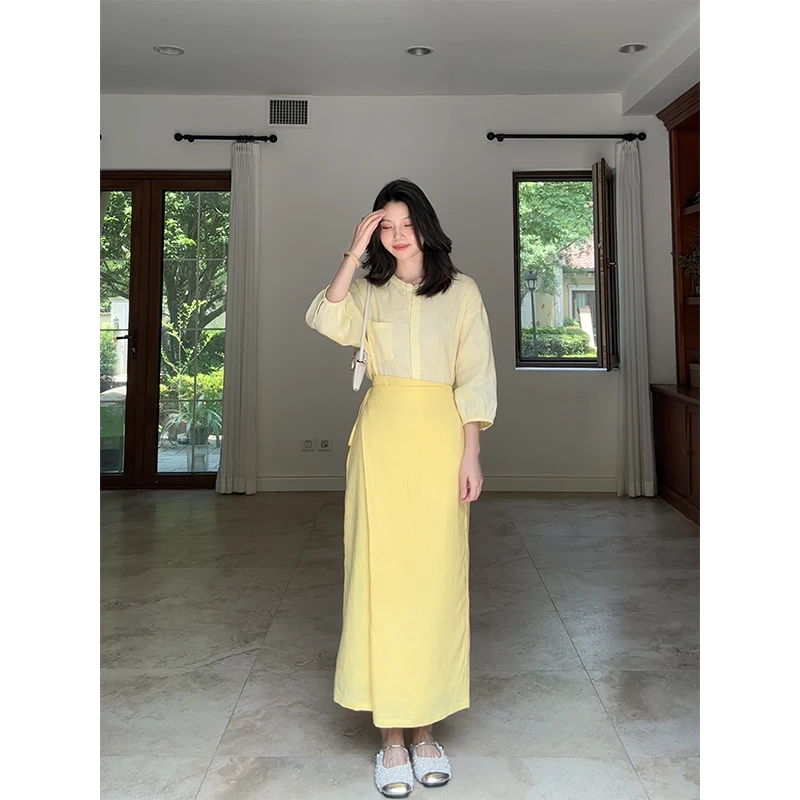 郭九九呢 100%亚麻衬衫围裹式半裙 G925A06687