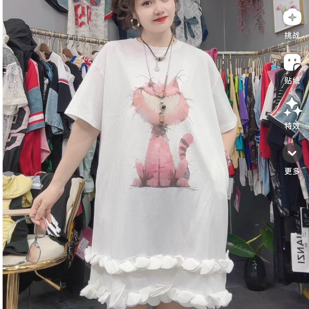 LY家9201#AY 猫咪印花花边拼接宽松百搭T恤裙