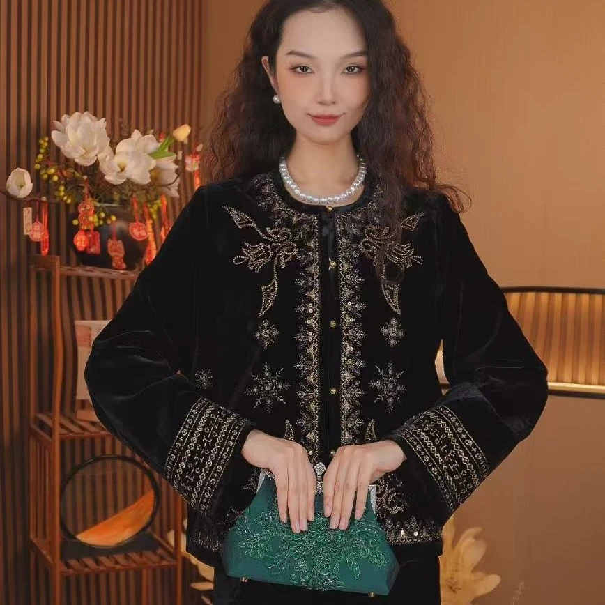 【暗香】新中式国风改良钉珠刺绣丝绒厚款外套2025C7553曼玉广源仓