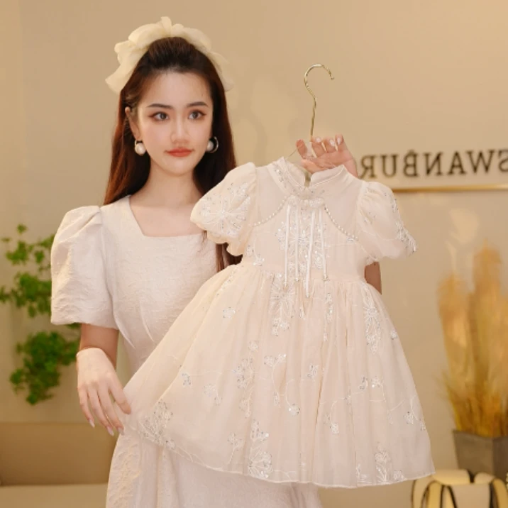 【Y.d3867】2025新款女童国风气质泡泡袖公主裙夏款中国风网纱裙