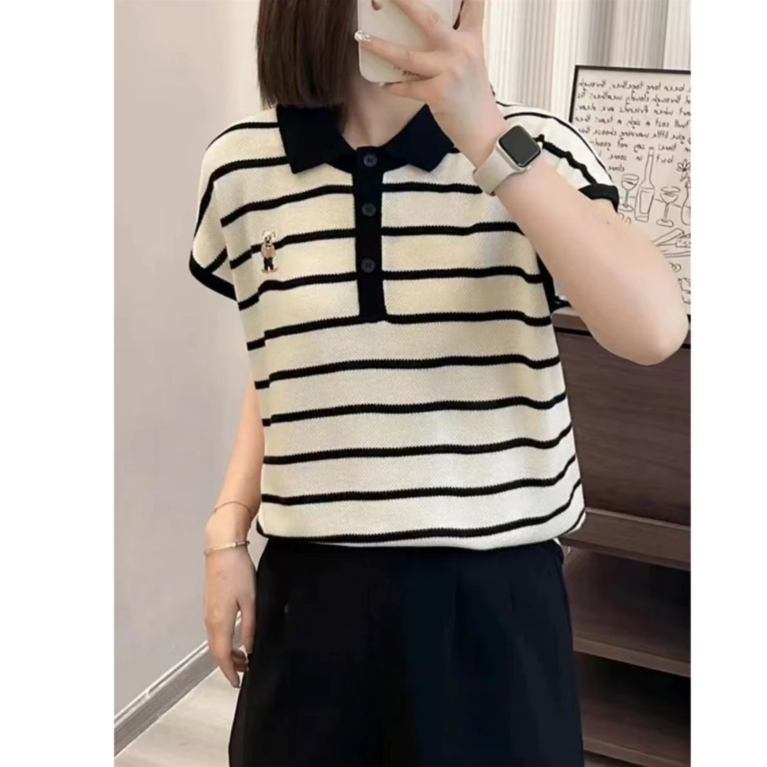 飞飞袖短袖针织衫女薄款夏季新款时尚洋气宽松条纹刺绣上衣1165-6