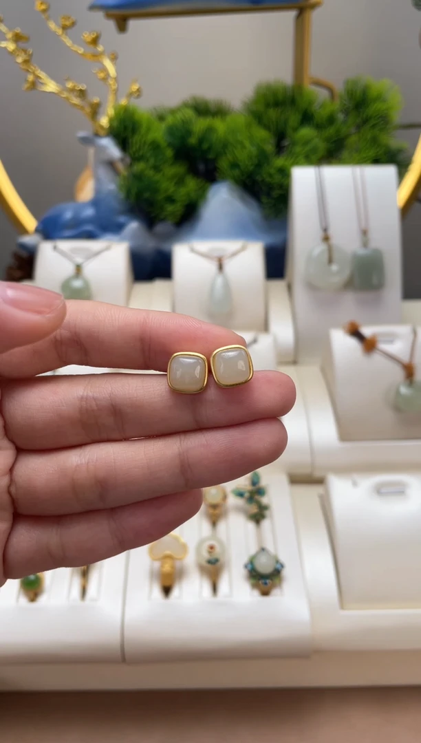 和田玉银S925镶嵌吊坠(不含链)和田玉方耳钉